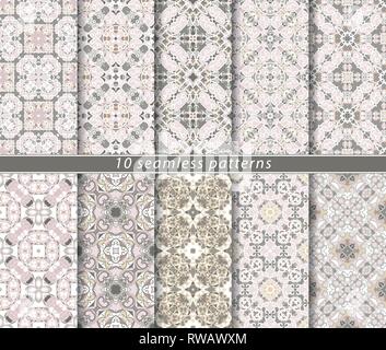 Set di vettore di dieci seamless pattern astratti in sfumature di marrone chiaro. Decorativi ed elementi di design per i tessili, copertine di libri, fabbricazione, wallpap Illustrazione Vettoriale