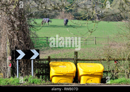 Villaggio allentati, Kent, Regno Unito. Grit / distributori di sale in primavera Foto Stock