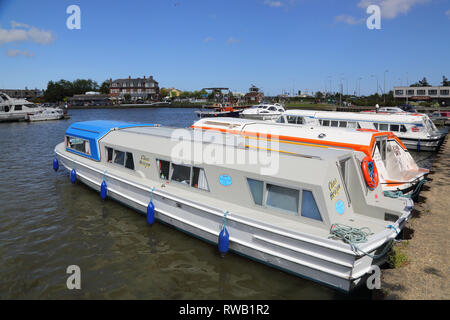 Barche e cabinati ormeggiati sul oulton ampia in Suffolk Foto Stock