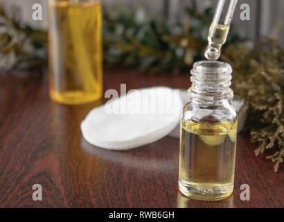 Oli essenziali e le erbe medicinali. Il sapone e la crema di latte in primo piano. Foto Stock