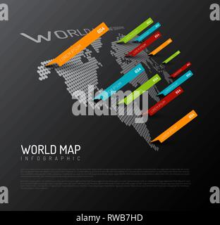 Luce mappa Mondo modello infografico con segni di puntatore (diagonale sulla parete scura versione) Illustrazione Vettoriale