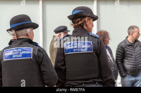 Salisbury, Wiltshire, Regno Unito, marzo 2019. La polizia del sostegno comunitario di ufficiali a dovere nel centro della città Foto Stock