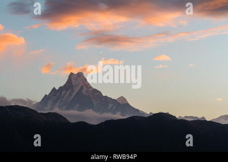 Vista del Monte Machapuchare (dal significato nepalese " coda di pesce ") da Poon Hill (3210 m) su sunrise, Annapurna Area di Conservazione, Himalaya, Nepal. Foto Stock