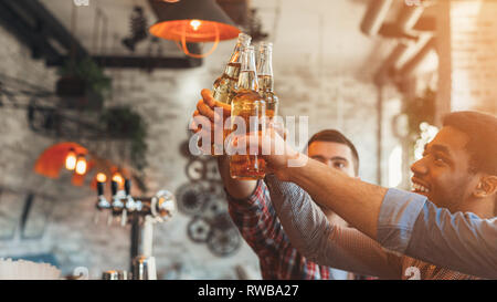 Amici celebrare la riunione, il tintinnio delle bottiglie di birra Foto Stock