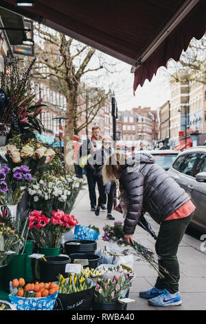 London, Regno Unito - 2 Marzo 2019: le persone a un mercato di fiorista stallo a Hampstead centro comunitario nel mercato Hampstead, un affluente area residenziale di Londra Foto Stock