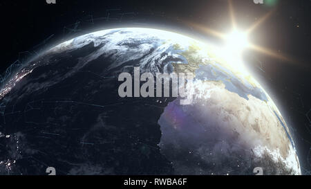 Realistico alba sul pianeta Terra con dati digitali delle maglie della griglia attorno Foto Stock