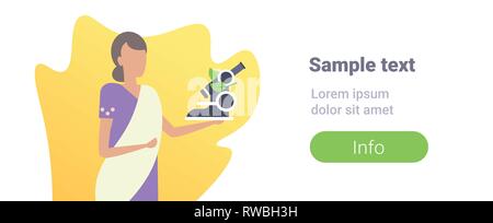 Donna indiana scienziato microscopio azienda insegnante di chimica lavoratore scuola lady in abiti tradizionali saree femmina carattere cartoon piatto verticale Illustrazione Vettoriale