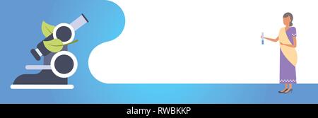 Donna indiana scienziato holding provetta insegnante di chimica lavoratore scuola lady in abiti tradizionali saree femmina personaggio dei cartoni animati a piena lunghezza flat Illustrazione Vettoriale