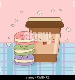 Con caffè e ciambelle kawaii caratteri Illustrazione Vettoriale