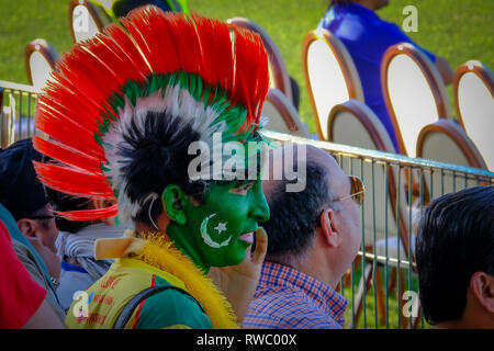 Abu Dhabi, negli Emirati Arabi Uniti. 5 Mar 2019. Il Pakistan Super League 2019/ PSL Cricket Fan volto dipinto con bandiera pakistana al Sheikh Zayed Cricket Stadium Abu Dhabi. Credito: Fahd Khan/Alamy Live News Foto Stock