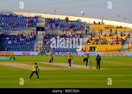 Abu Dhabi, negli Emirati Arabi Uniti. 5 Mar 2019. Il Pakistan Super League 2019/ Shahhen Afridi colpendo il stups con il suo rapido coppa a Sheikh Zayed Cricket Stadium Abu Dhabi. Credito: Fahd Khan/Alamy Live News Foto Stock