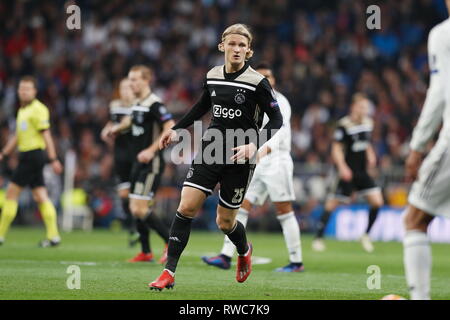 Madrid, Spagna. Mar 5, 2019. Kasper Dolberg (Ajax) Calcio/Calcetto : UEFA Champions League Round di 16 seconda gamba match tra il Real Madrid CF 1-4 AFC Ajax al Santiago Bernabeu di Madrid in Spagna . Credito: Mutsu Kawamori/AFLO/Alamy Live News Foto Stock