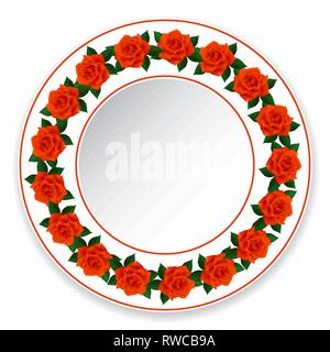 Piastra con un ornamento di rose rosse, vista dall'alto. Circolare del vettore motivo floreale. Illustrazione Vettoriale