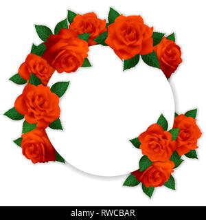 Bella cornice rotonda con luminosi rose rosse sul bordo. Biglietto di auguri con fiori per matrimoni, il giorno di San Valentino per mamma e amata. Illustrazione Vettoriale