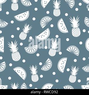 Modello senza cuciture con ananas, fettine di arancia e di anguria fette. La frutta tropicale. Estate sfondo. Illustrazione Vettoriale