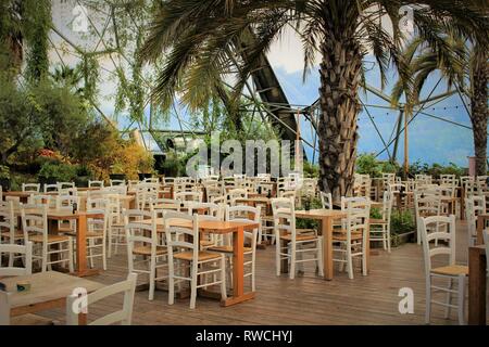 Il cafe/ristorante all'interno di un biome all'Eden Project, circondata da palme e piante tropicali Foto Stock