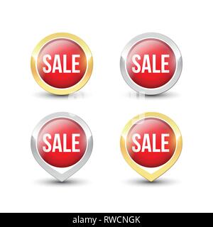 Rotondo Rosso vendita pulsanti e puntatori con oro metallizzato e argento confine. Etichetta del vettore icone isolati su sfondo bianco. Illustrazione Vettoriale