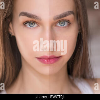 Concetto di bellezza - ritoccare prima e dopo. Bella donna con gli occhi blu. Foto Stock