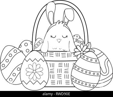 Poco chick con orecchie coniglio nel cestello e uova dipinte Illustrazione Vettoriale