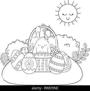 Poco chick con orecchie coniglio nel cestello e uova dipinte Illustrazione Vettoriale