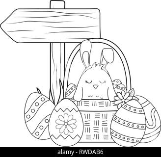 Poco chick con orecchie coniglio nel cestello e uova dipinte Illustrazione Vettoriale