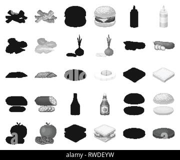 Bacon,Black,monocromatico, bottiglia,pane,burger,bar,formaggio,pollo,raccolta,composizione,cottura,cetriolo,design,l'uovo,veloce,cibo,mezza,icona,immagine,l'ingrediente,isolato,elementi,ketchup,foglia di lattuga,,logo,carni,senape,onion,pezzo,prodotto,ristorante,roll,salumi,panino,salsicce,codificati,condimento,impostare,segno,il simbolo,gusto,il pomodoro,vettore vegetale,,web vettori vettore , Illustrazione Vettoriale