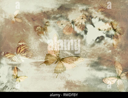 Acquerello vintage sfondo con farfalle in tonalità seppia. Foto Stock