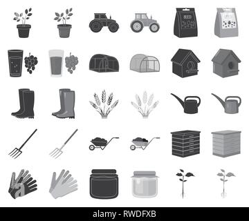 Accessorio,l'agricoltura,apiario,birdhouse,Black,monocromatico, stivali,può,raccolta,coltura,design,orecchie,attrezzature,agriturismo,agricoltura,giardino,guanti,uva,grigio, serra,miele,l'orticoltura,icona,immagine,isolato,succhi di frutta,terra,logo,mill,forcone,impianto,gomma,seme,impostare,segno,il simbolo,attrezzi,trattore,vettore,abbeveraggio,web,frumento,carriola vettori vettore , Illustrazione Vettoriale