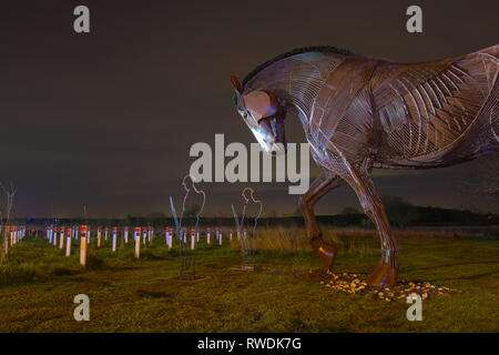 War Horse & il nuovo Tommy sagome che sono situati in corrispondenza di Mill Pond prato in Featherstone Foto Stock
