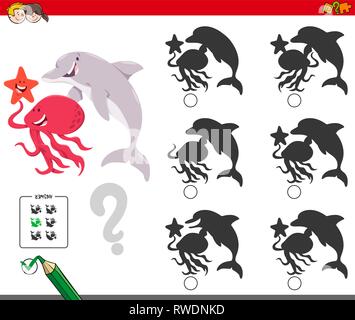 Illustrazione del fumetto di trovare l'ombra senza differenze di attività educative per i bambini con divertenti animale marino caratteri Illustrazione Vettoriale