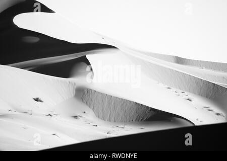 Forma dinamica di dune di sabbia sul deserto del Sahara. Monocromatico, in bianco e nero. Il Marocco. Strutture visibili, forme espressive, vigorosa composizione. Foto Stock