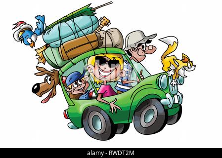 Cartoon la famiglia che va in vacanza con la propria auto a pieno carico illustrazione vettoriale Illustrazione Vettoriale
