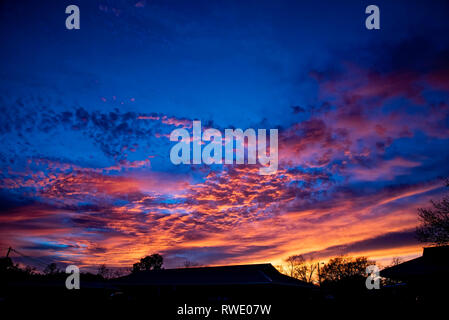 Il magnifico color blu intenso del cielo e il giallo oro e arancio delle nuvole dopo il tramonto. Foto Stock