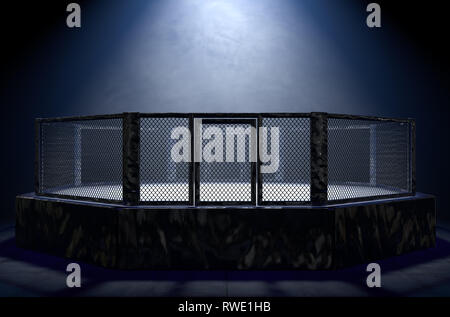 Un 3D rendering di una lotta MMA cage arena vestita di nero imbottitura spotlit da un'unica luce isolato su un sfondo scuro - 3D render Foto Stock