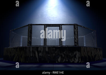 Un 3D rendering di una lotta MMA cage arena vestita di nero imbottitura spotlit da un'unica luce isolato su un sfondo scuro - 3D render Foto Stock