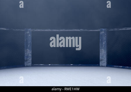 Un 3D rendering di una lotta MMA cage arena vestita di nero imbottitura spotlit da un'unica luce isolato su un sfondo scuro - 3D render Foto Stock