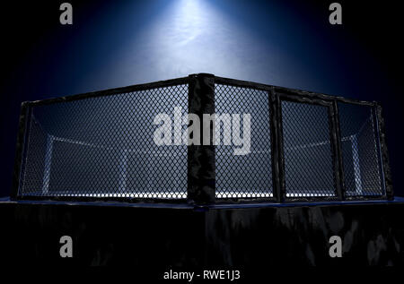 Un 3D rendering di una lotta MMA cage arena vestita di nero imbottitura spotlit da un'unica luce isolato su un sfondo scuro - 3D render Foto Stock