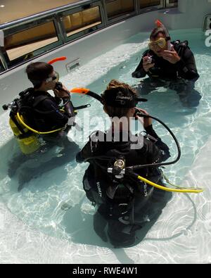 Gruppo di tre subacquei in un pool imparare ad immergersi Foto Stock