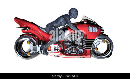 Biker ragazza con casco a cavallo di un sci-fi bike, donna su rosso motocicletta avveniristica isolati su sfondo bianco, vista laterale, rendering 3D Foto Stock