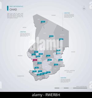 Il Ciad mappa vettoriale con elementi infografico, segni di puntatore. Modello modificabile con regioni, città e capitale N Djamena. Illustrazione Vettoriale