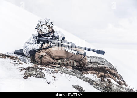 Soldato dell'esercito con il fucile da cecchino in azione nell'Artico. Foto Stock