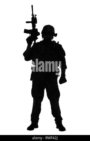 Silhouette di U.S. Marine Corps Marsoc raider con arma, sfondo bianco. Foto Stock