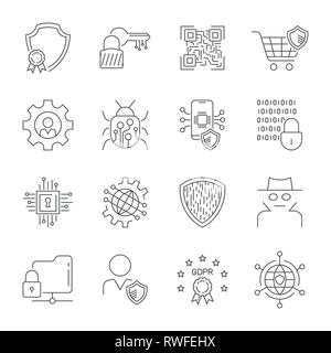 Cyber security, informazioni, protezione dei dati e della rete. La tecnologia di protezione, servizi web per il business e la sicurezza su internet. Linea sottile set di icone. E Illustrazione Vettoriale