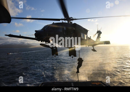 Un membro della Guardia Costiera della sicurezza marittima la risposta del team di West fast-corde da un 176ala, 210th Rescue Squadron Alaska Air National Guard UH-60G Pave Hawk elicottero sul ponte del guardacoste Alex Haley (WMEC 39) in una formazione congiunta esercizio in Chiniak Bay, Alaska, Feb 23, 2019. I membri del team sono istruiti e sono tecnicamente competente in tecniche avanzate con federali, statali e i partner locali per proteggere la nazione da minacce in mare e in aria. Stati Uniti Coast Guard foto di Sottufficiali di terza classe Lauren Dean. Foto Stock