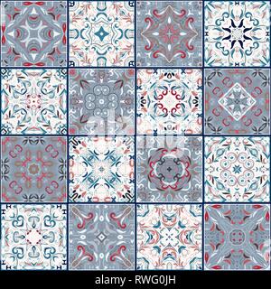 Una collezione di piastrelle in ceramica in colori retrò. Un insieme di modelli di quadri in stile etnico. Illustrazione Vettoriale. Illustrazione Vettoriale
