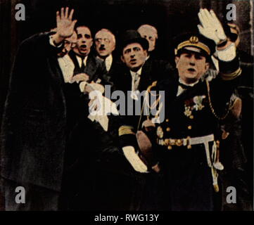 Doumer, Paolo, 22.3.1857 - 7.5.1932, politico francese, presidente dello stato 13.6.1931 - 7.5.1932, assassinio di apertura della fiera del libro l'Hotel Salomon de Rothschild, Parigi, 6.5.1932, Doumer è portato via mortalmente feriti, fotografia colorata, carta di sigaretta, serie 'Die Nachkriegszeit', 1935, Additional-Rights-Clearance-Info-Not-Available Foto Stock