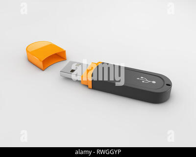 3d illustrazione della memoria USB isolato su bianco. Memoria USB con nero e corpo di colore giallo. Foto Stock