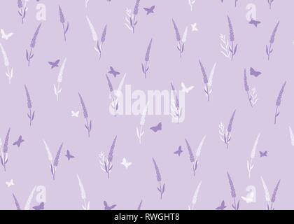 Fiori di lavanda con farfalle seamless pattern. Illustrazione Vettoriale su sfondo viola. Per i tessili, web, stampa, superficie di progettazione Illustrazione Vettoriale