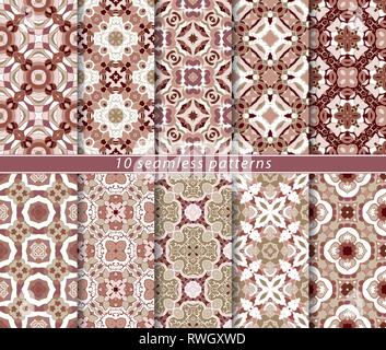 Dieci modelli senza giunture in stile orientale. Ornamenti orientale per la progettazione di tessuto, la carta di avvolgimento o di Scrapbooking. Illustrazione Vettoriale in rosso i colori. Illustrazione Vettoriale