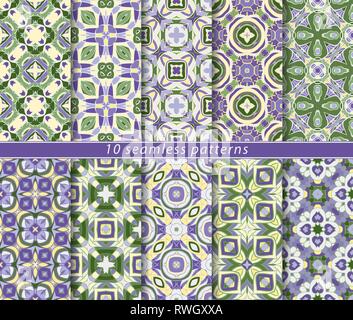 Set di dieci classic seamless patterns in sfumature di blu e verde. Decorativi ed elementi di design per i tessili, copertine di libri, fabbricazione, sfondi, Illustrazione Vettoriale